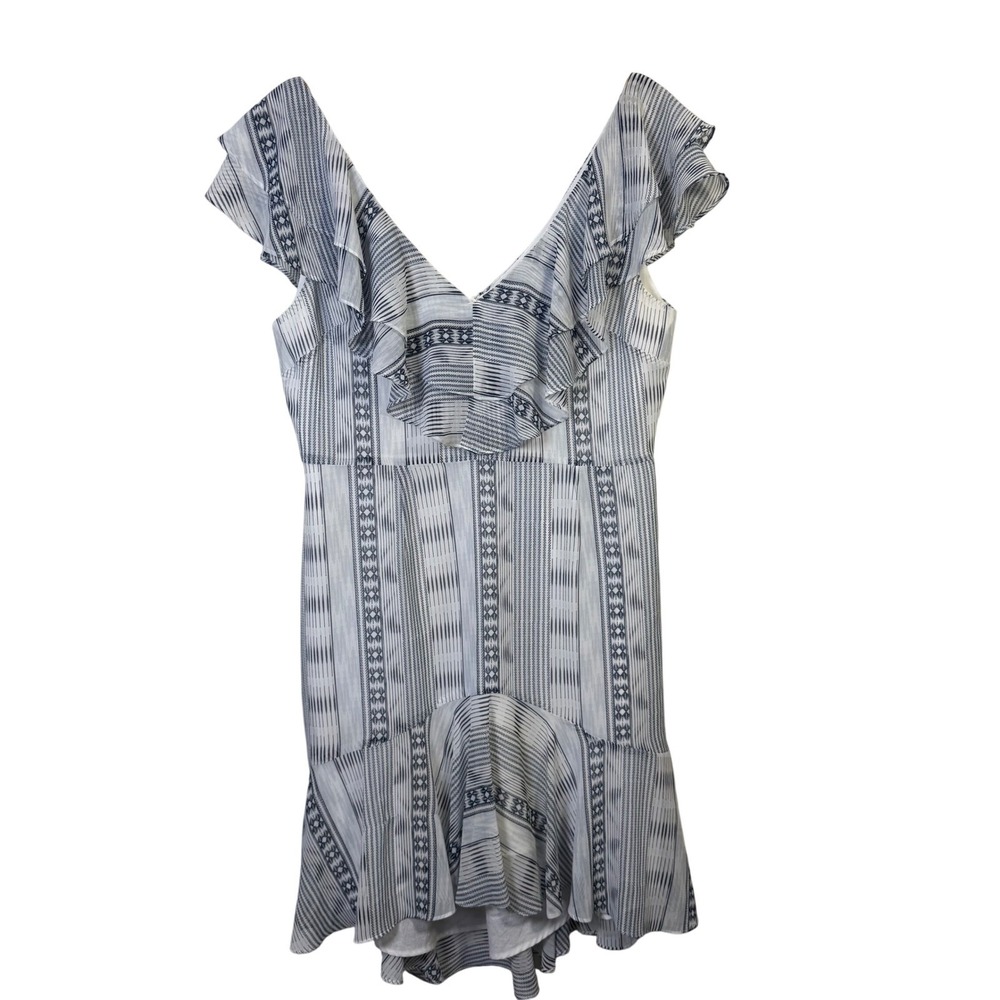 WAYF Dress XL Blue White Print Ruffle V-Neck Hi Lo Mini BOHO Cute Flirty